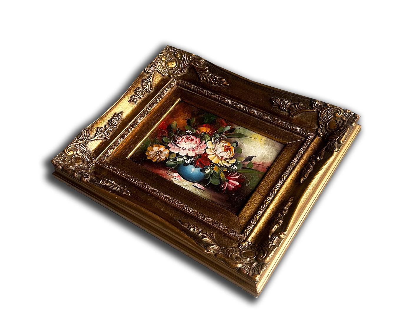 Flowers oil painting with frame, 27x32 cm or 11x13 ins