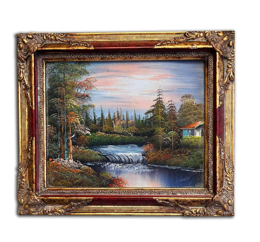 Landscape painting with fantastic frame, inner size 13x18 cm