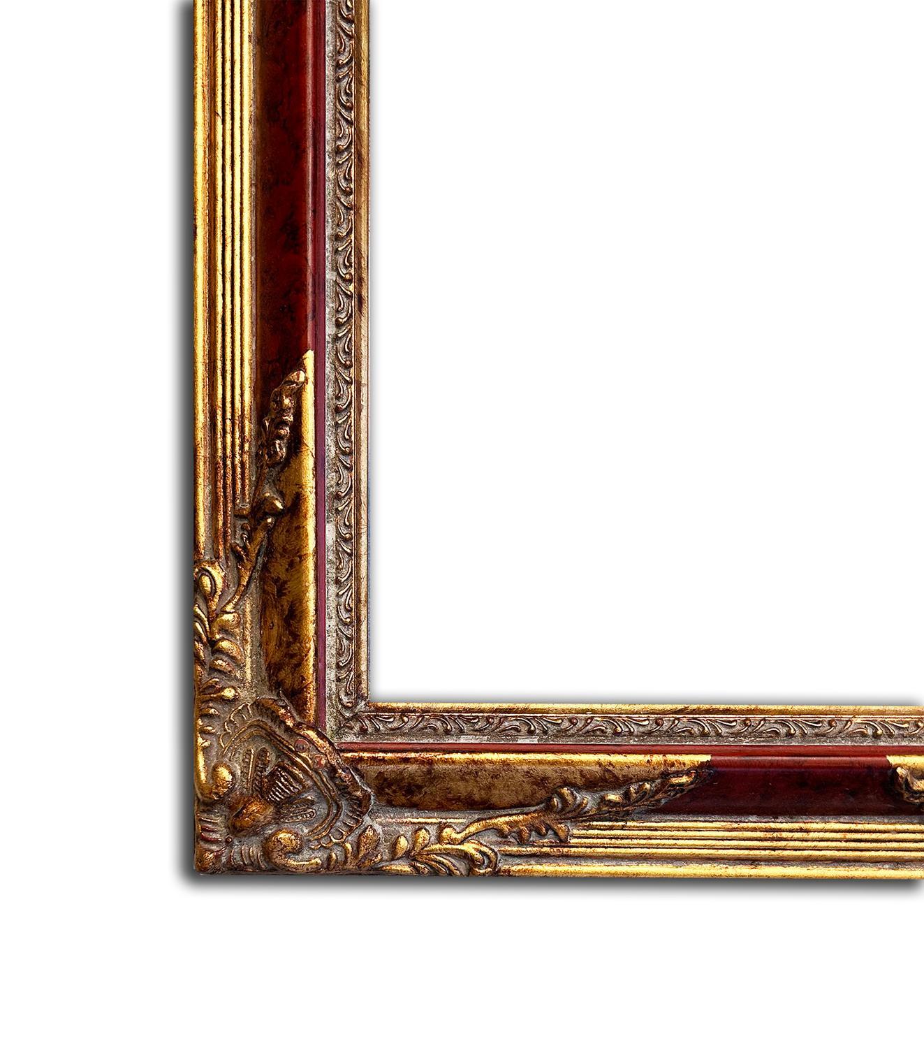 Landscape painting with fantastic frame, inner size 13x18 cm