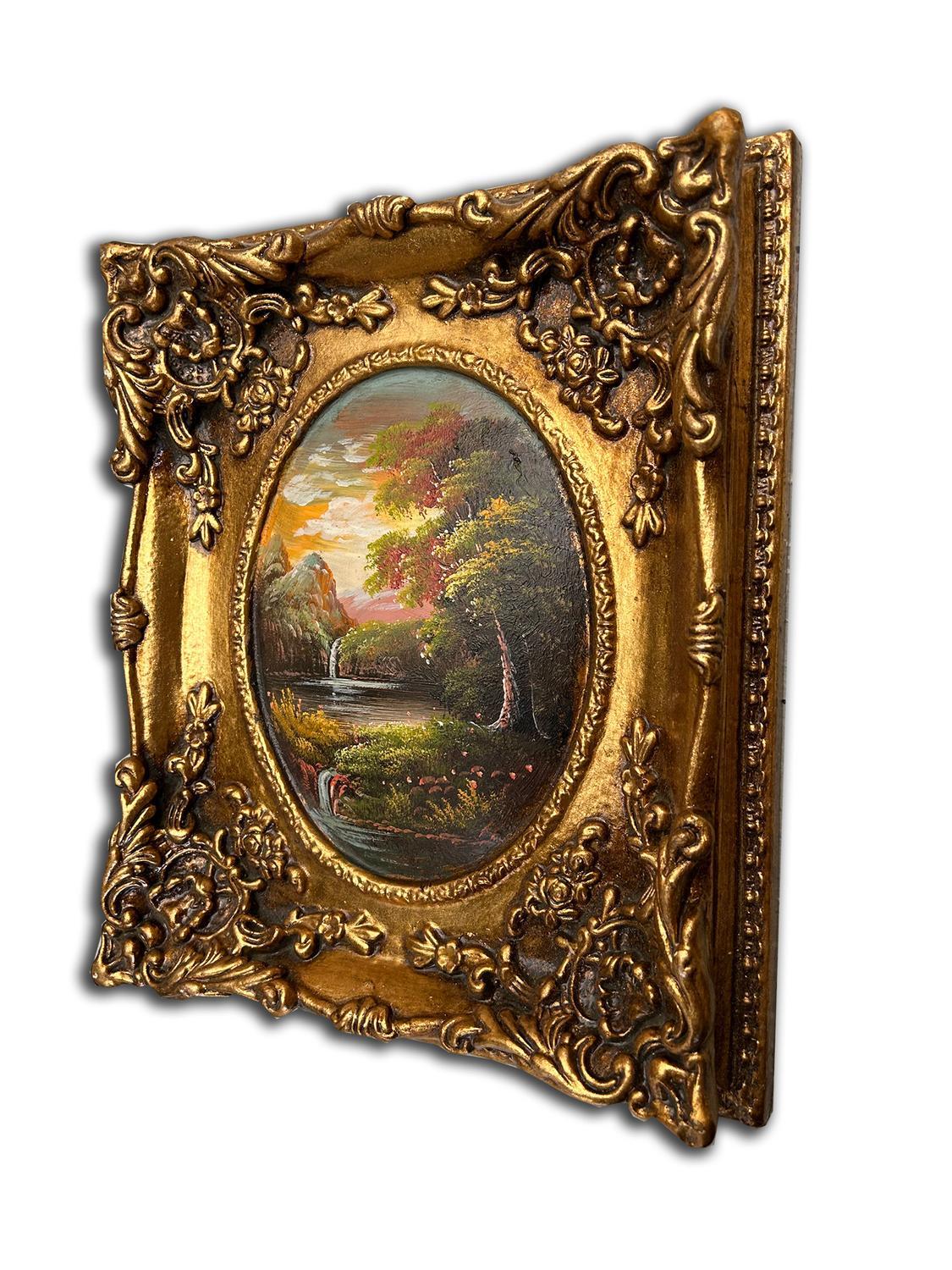 Landscape painting with fantastic frame, inner size 20x25 cm