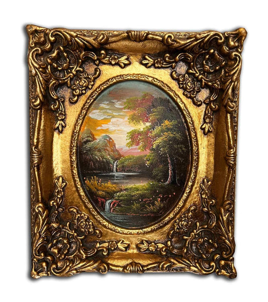 Landscape painting with fantastic frame, inner size 20x25 cm