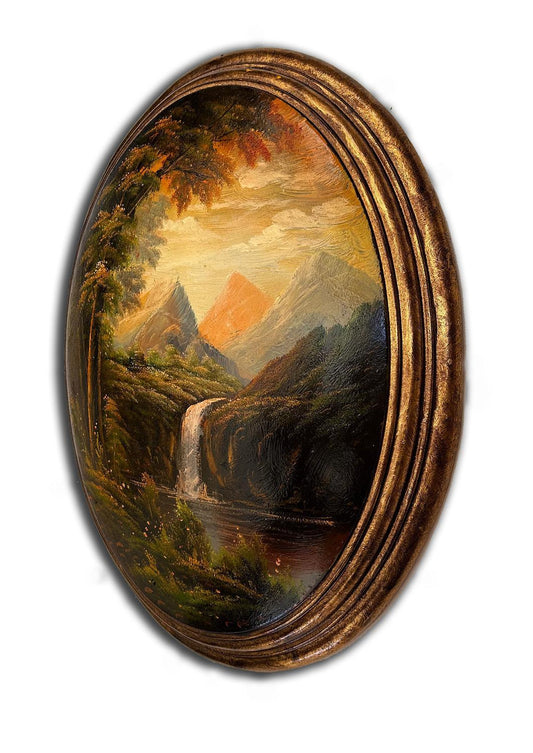 Landscape painting with fantastic frame, inner size 30x40 cm
