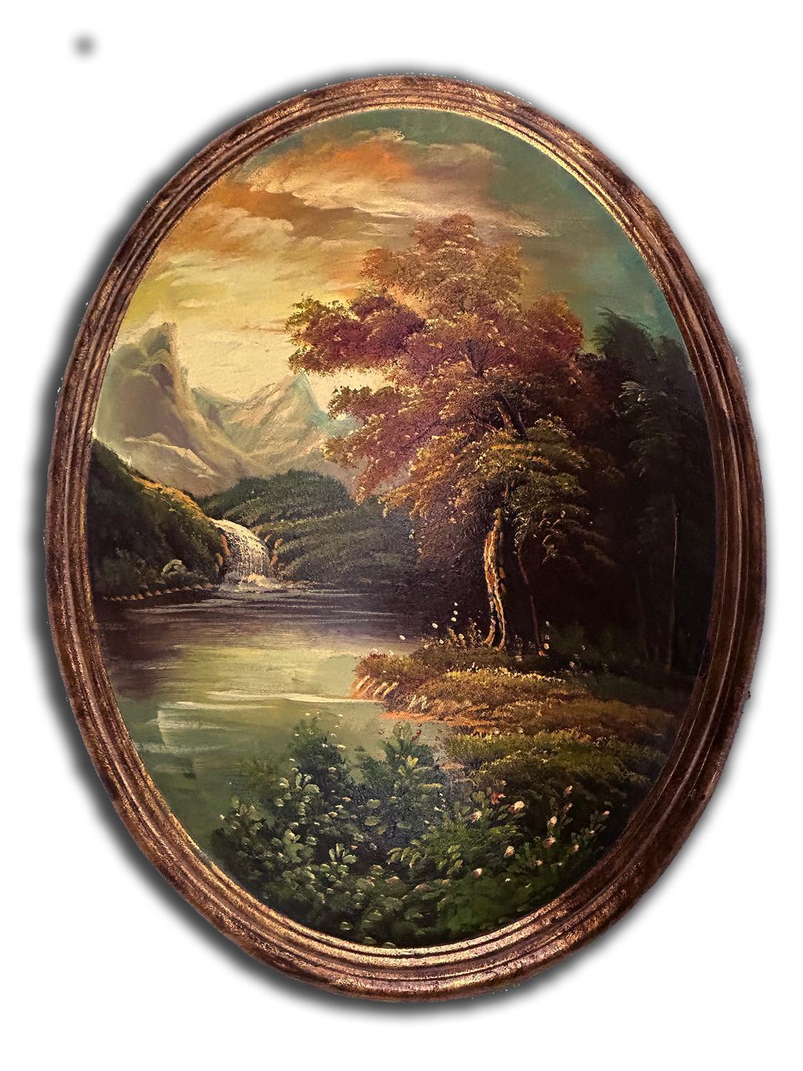 Landscape painting with fantastic frame, inner size 30x40 cm