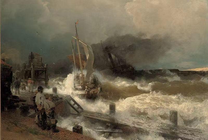 Ein Fischerboot und ein Dampfer in rauer See,Andreas Achenbach