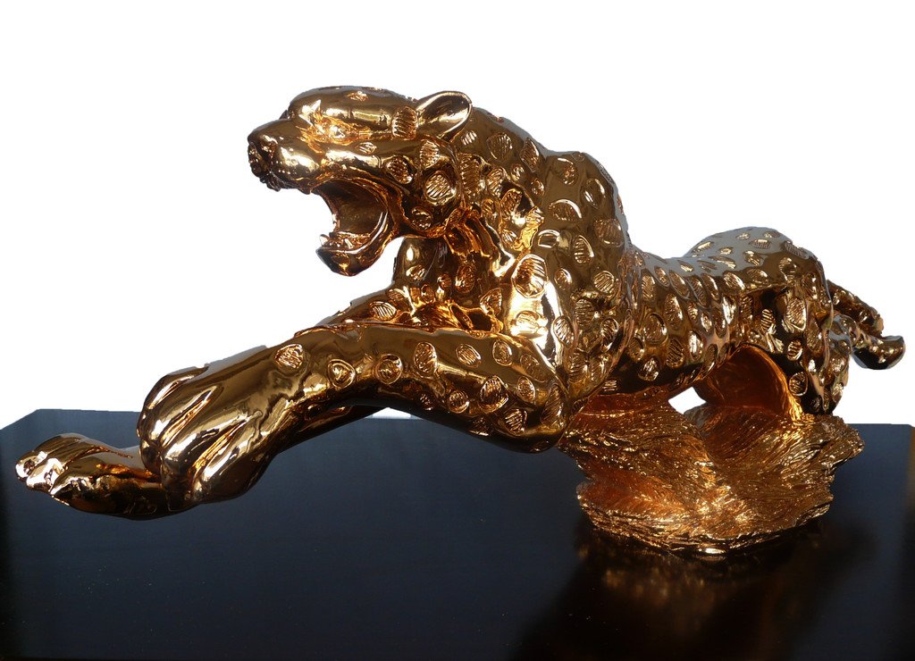 Golden leopard, sculpture 134x30x16 cm