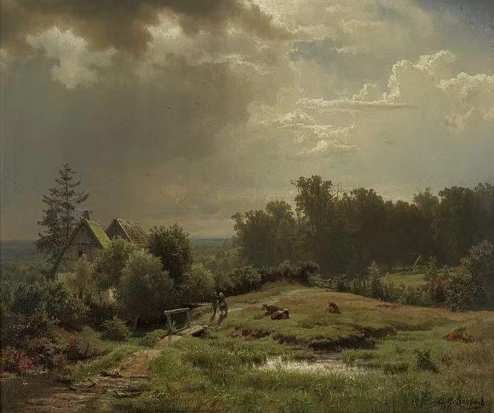 Heuvelachtig landschap met bewolkte lucht,Andreas Achenbach