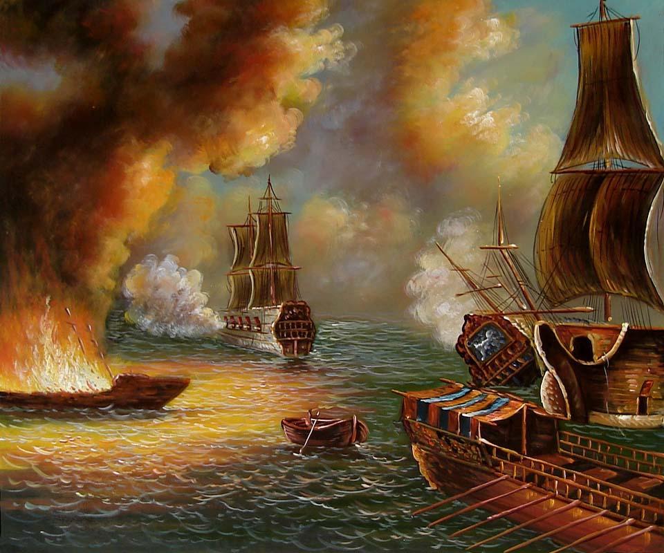 Krig på havet, oljemålning på duk, 50x60 cm