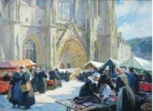 Market day scene in Quimper's Place Saint-Corentin, Henri Alphonse Barnoin