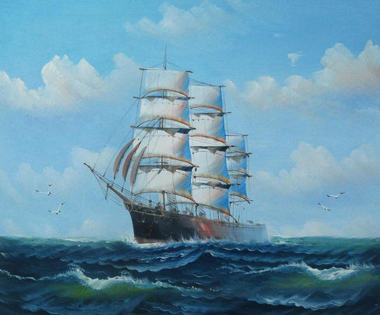 Sail boat with seagulls, Navigation oil painting on canvas