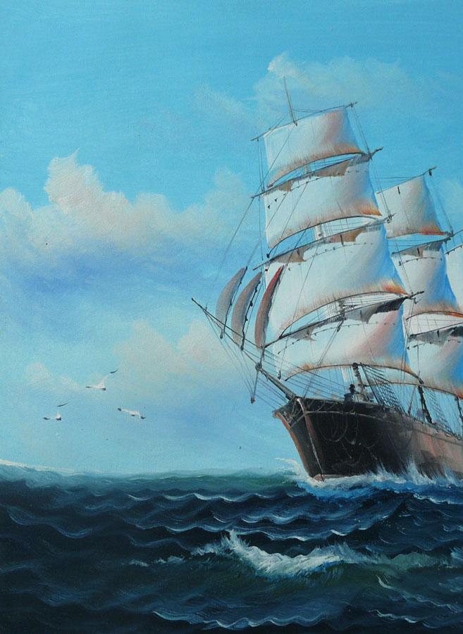 Sail boat with seagulls, hand-painted, oil painting on canvas