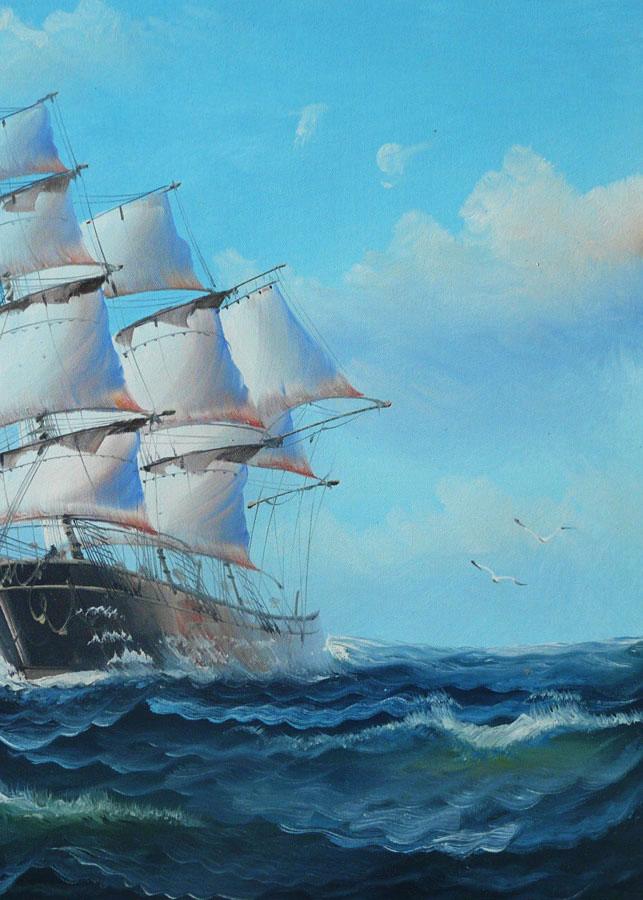 Sail boat with seagulls, navigation oil painting on canvas