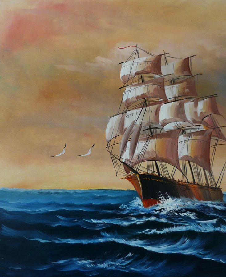 Sail boat with seagulls, navigation oil painting on canvas