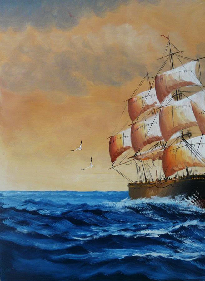 Sail boat with seagulls, navigation oil painting on canvas