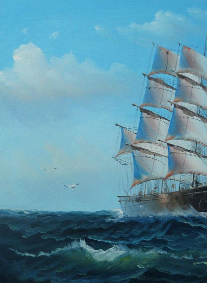 Sail boat with seagulls, navigation oil painting on canvas