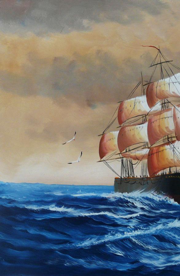 Sail boat with seagulls, navigation oil painting on canvas