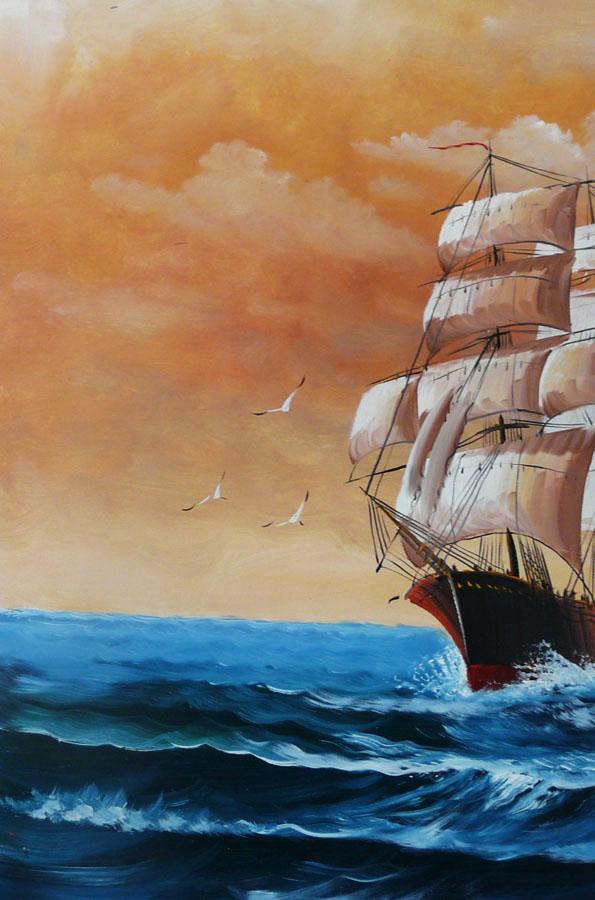 Sail boat with seagulls, navigation oil painting on canvas