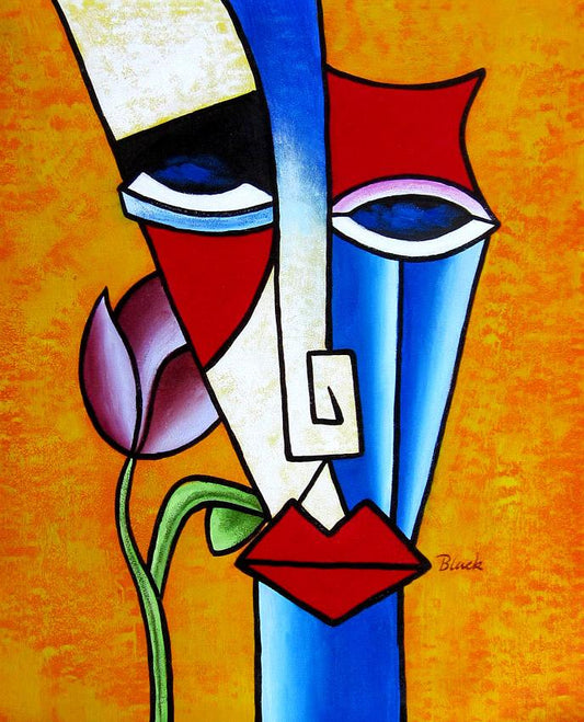 Woman with flowers, abstract painting on canvas
