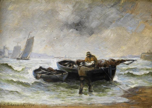 Zwei Fischer beim Entladen eines Bootes,Andreas Achenbach