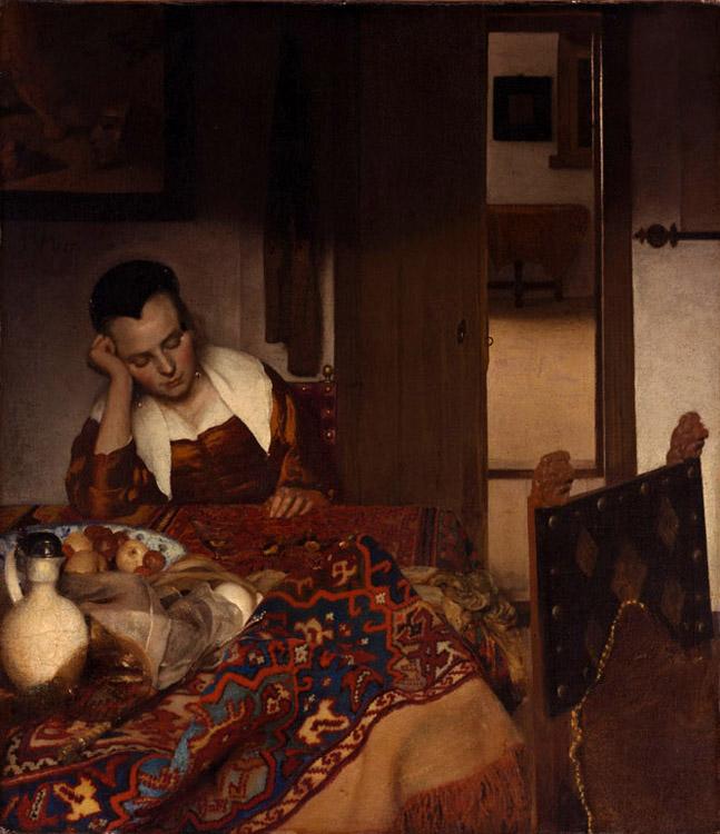 A Woman Asleep at Table wet,Johannes Vermeer,60x50cm