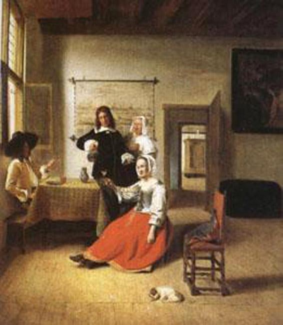A Woman Drinking with Two Gentlemen,Pieter de Hooch,69x60cm