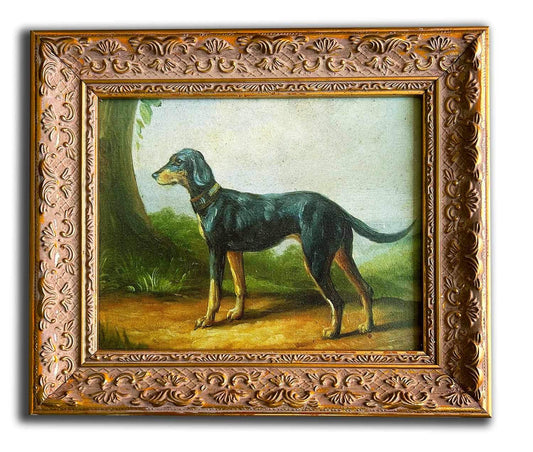 Dog painting with fantastic frame, inner size 20x25 cm