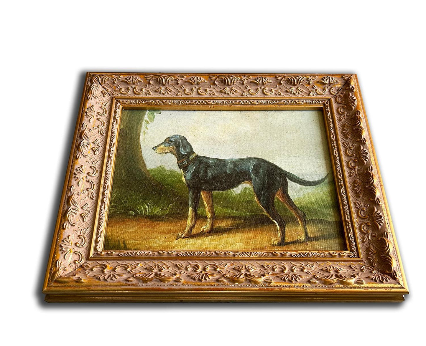 Dog painting with fantastic frame, inner size 20x25 cm
