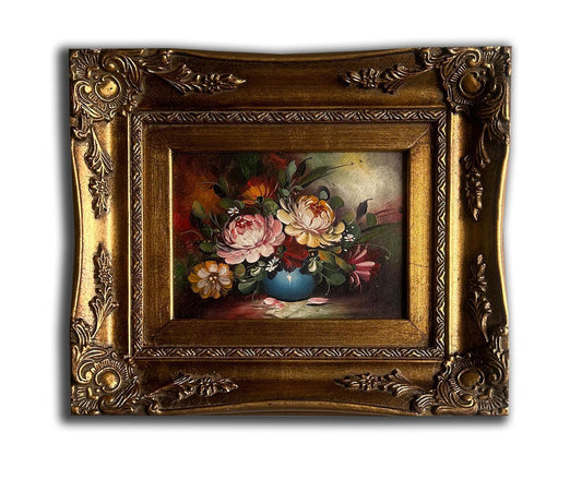 Flowers oil painting with frame, 27x32 cm or 11x13 ins