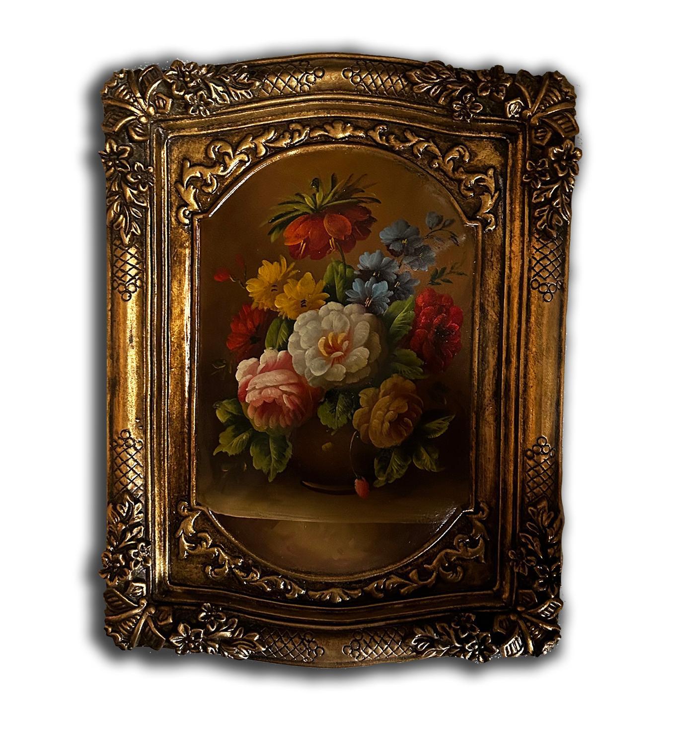Flowers painting with fantastic frame, inner size 20x30 cm