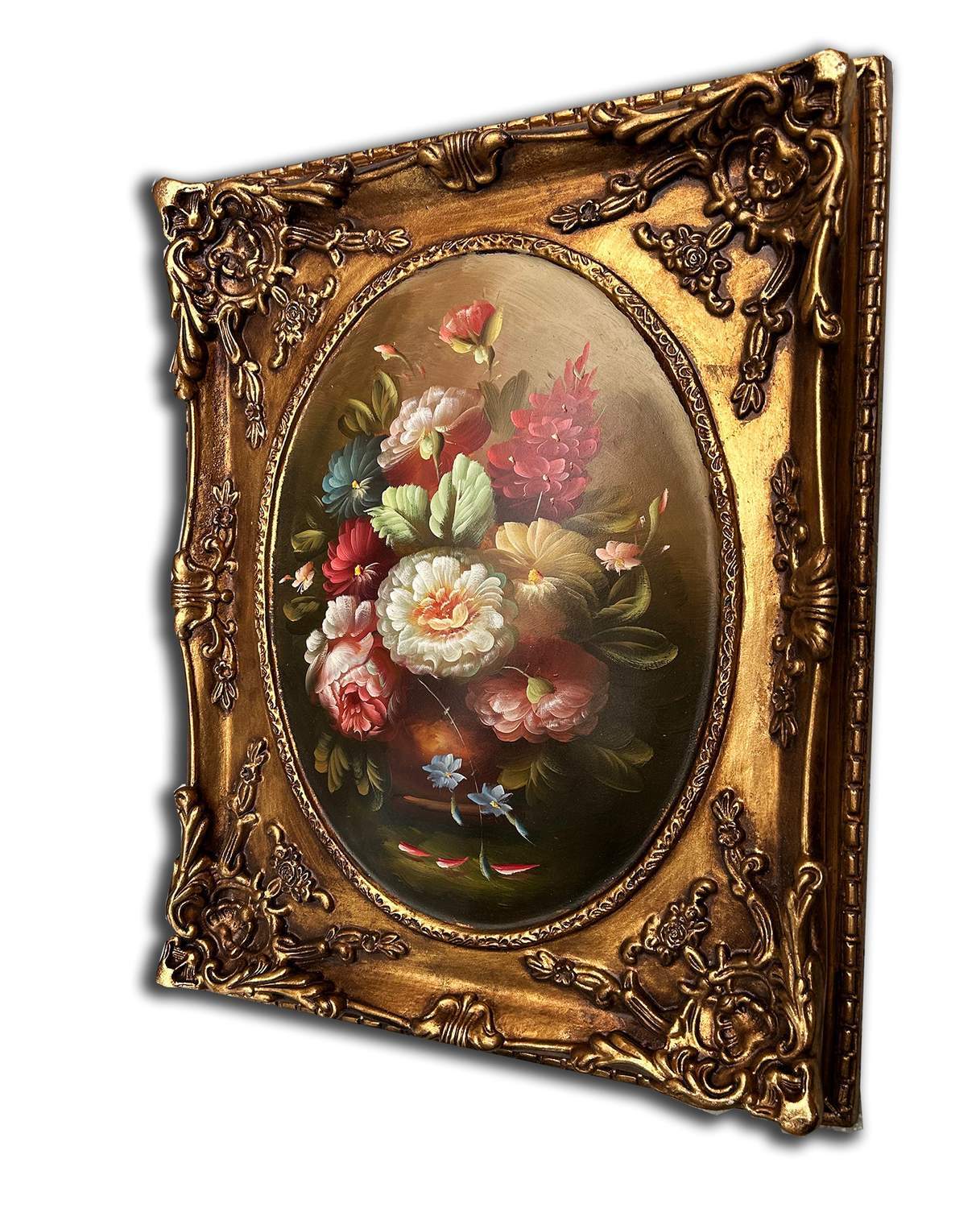 Flowers painting with fantastic frame, inner size 30x40 cm