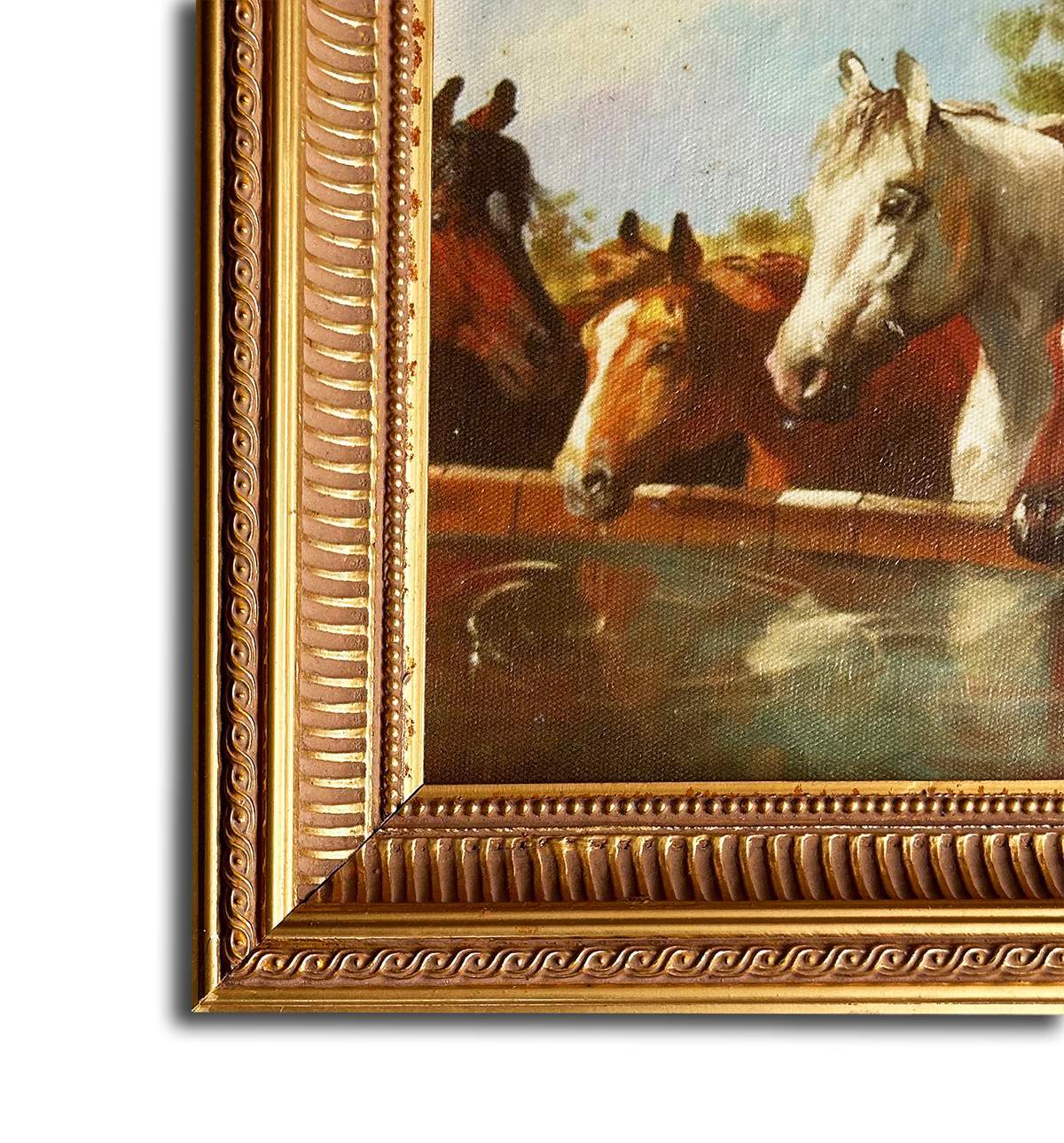 Horses painting with fantastic frame, inner size 20x25 cm