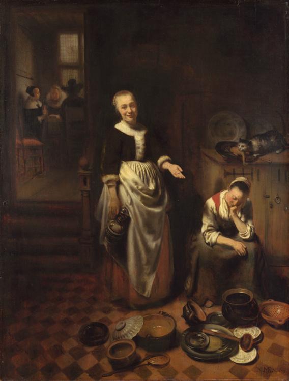 Interior with a Sleeping Maid and Her,Nicolaes Maes,50x40cm