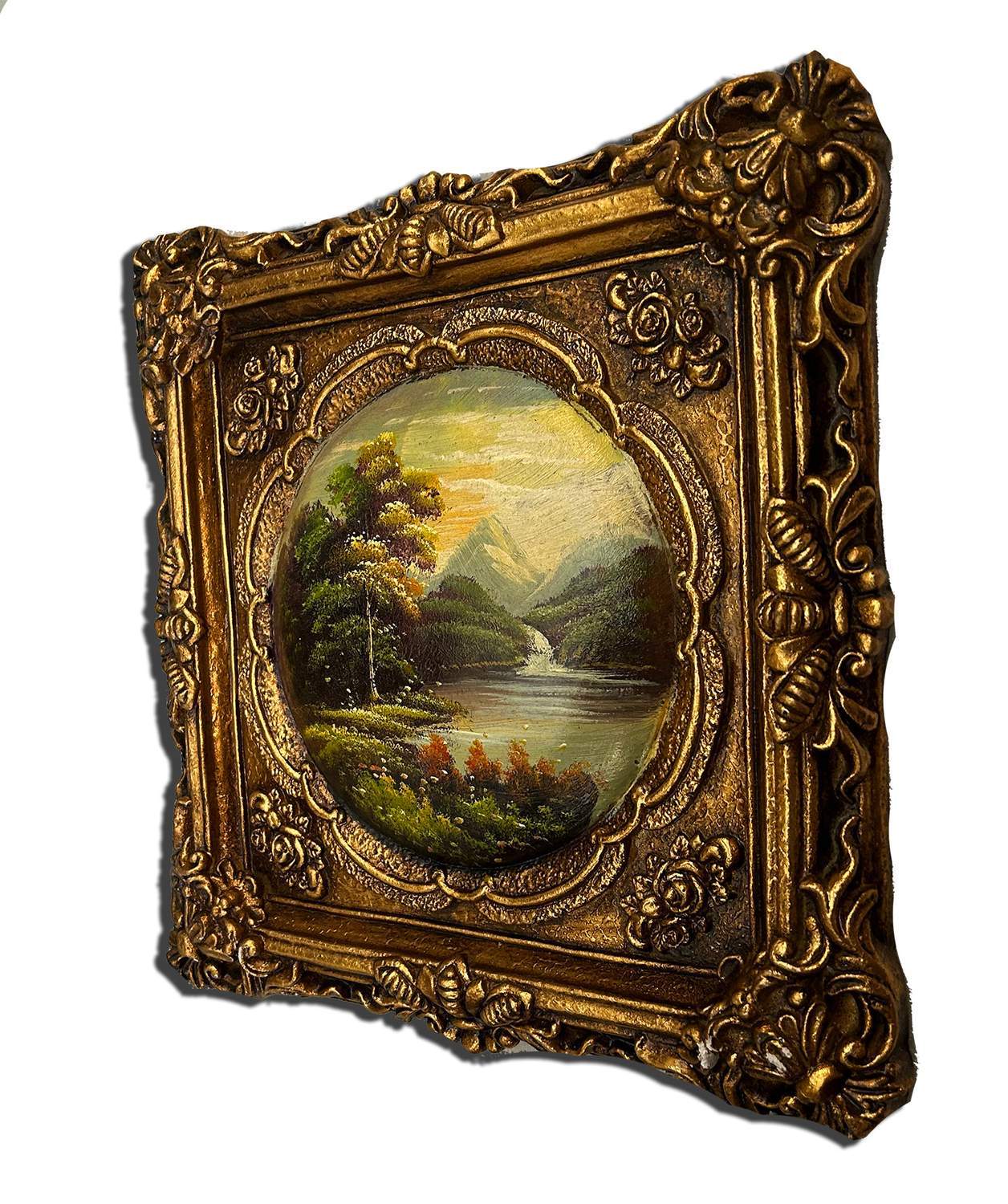 Landscape painting with fantastic frame, inner size 18x18 cm