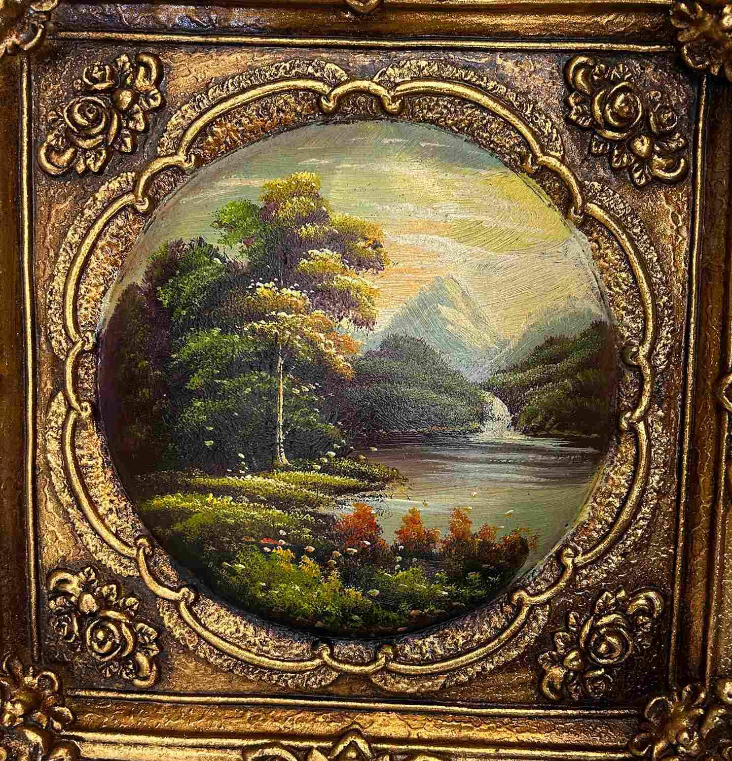Landscape painting with fantastic frame, inner size 18x18 cm