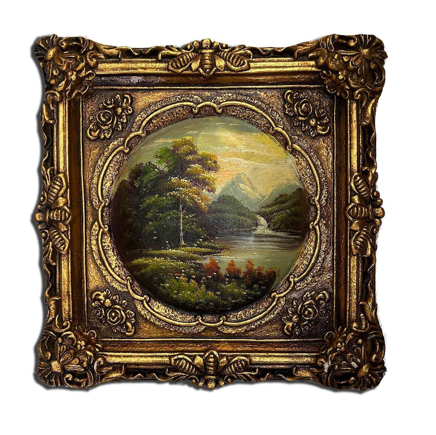 Landscape painting with fantastic frame, inner size 18x18 cm
