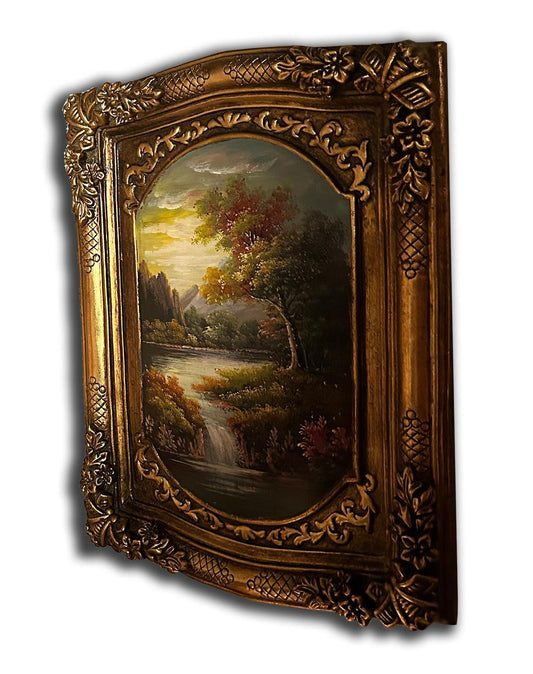 Landscape painting with fantastic frame, inner size 20x30 cm