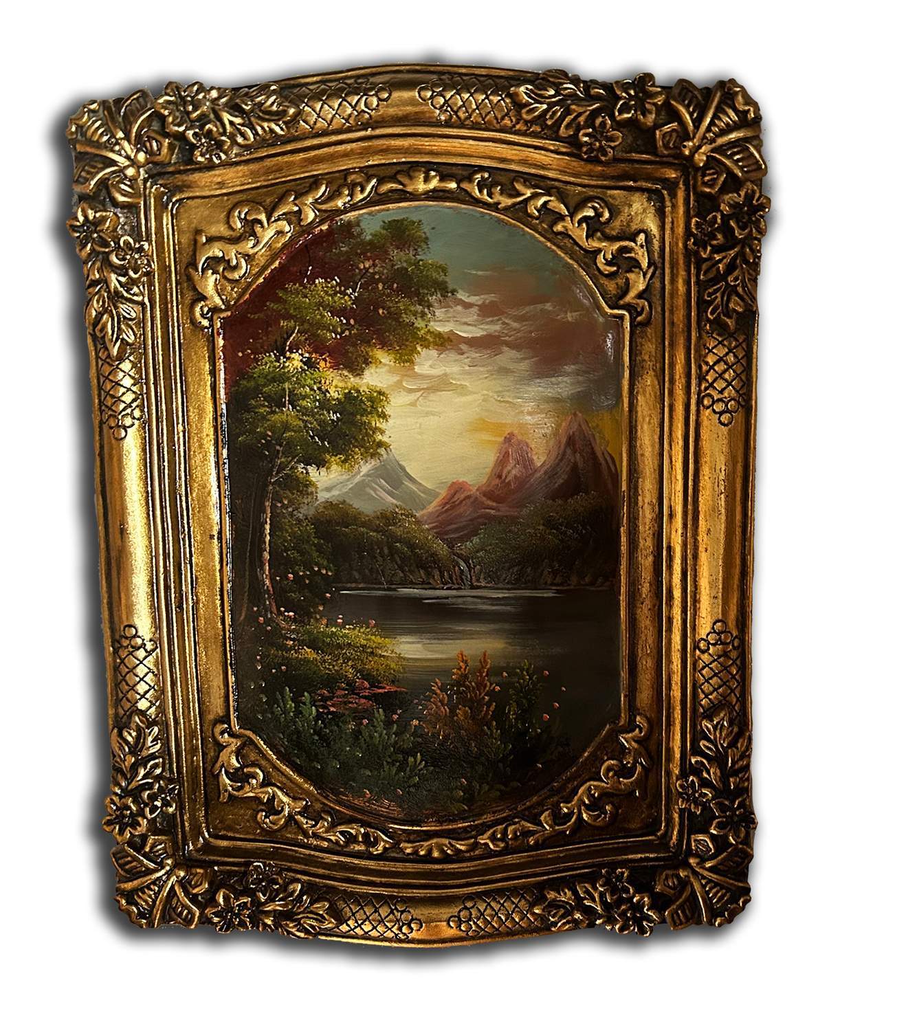 Landscape painting with fantastic frame, inner size 20x30 cm