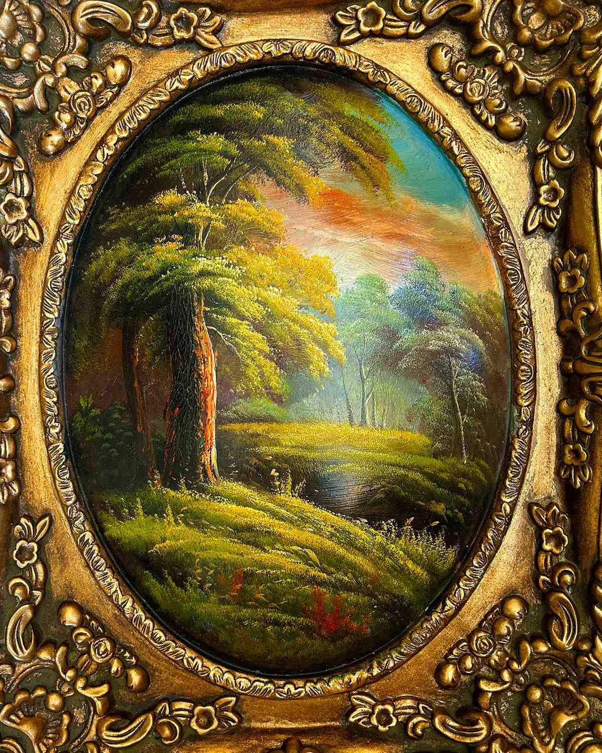 Landscape painting with fantastic frame, inner size 30x40 cm