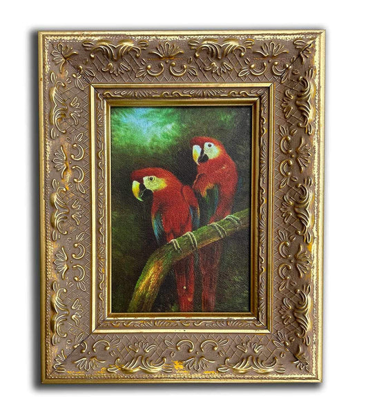 Parrots painting with fantastic frame, inner size 11x16 cm