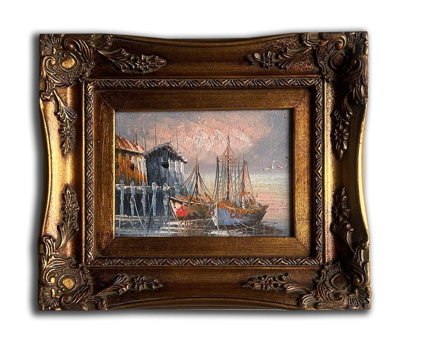 Sea port and boat oil painting with frame, 27x32 cm or 11x13 ins