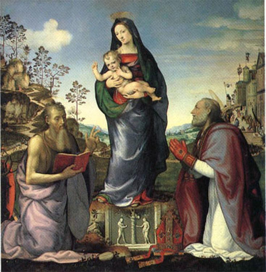 The Virgin and Child Adored by Saints Jerome and Zen,Mariotto Albertin, 50x50 cm