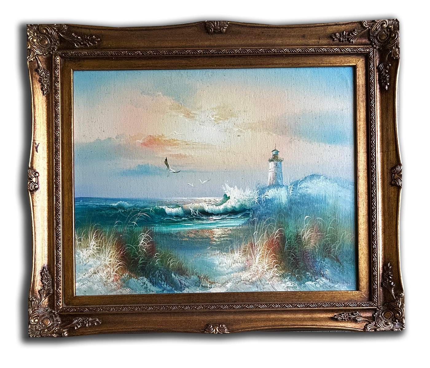 The sea and light house, hand-painted oil painting, 54x64 cm or 21x25 ins