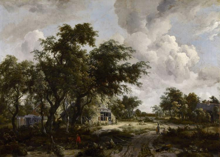 Village with water mill among trees,Meindert Hobbema,60x40cm