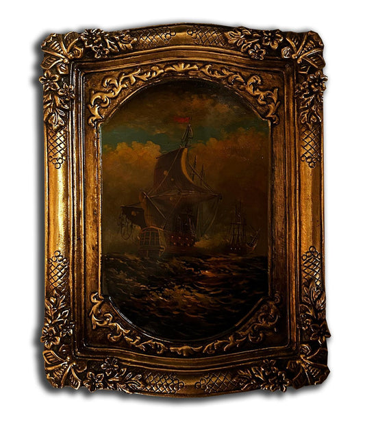 War on sea painting with fantastic frame, inner size 20x30 cm