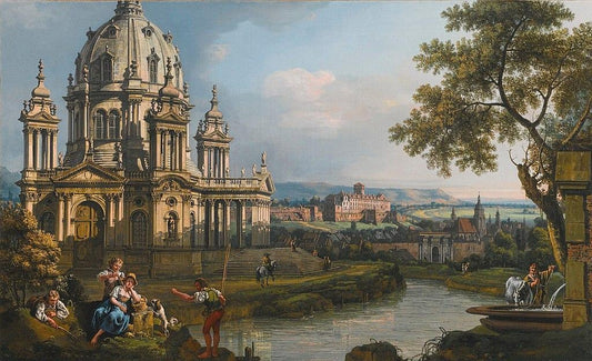 A Capriccio River Landscape with a Church to the Left, Bernardo Belloto