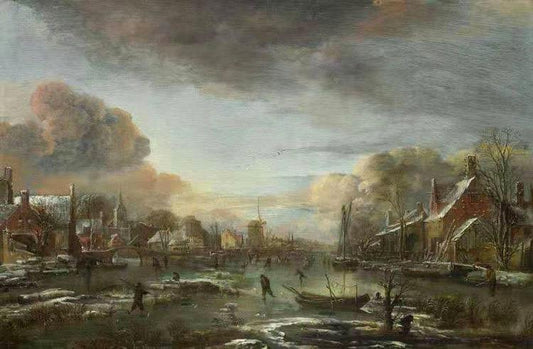 A Frozen River by a Town at Evening,Aert van der Neer,60x40cm