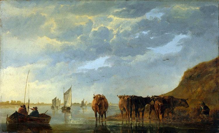 A Herdsman with Five Cows by a River,Aelbert Cuyp,60x37cm