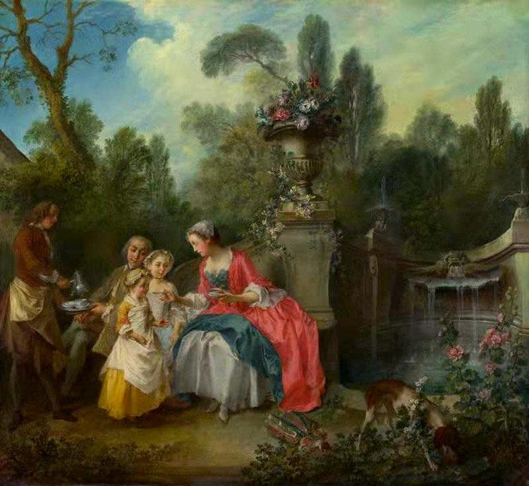 A Lady in a Garden Taking coffee with,Nicolas Lancret,50x46cm