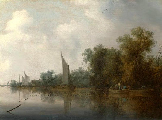 A Rievr with Fishermen Drawing a,Salomon van Ruysdael,50x37cm