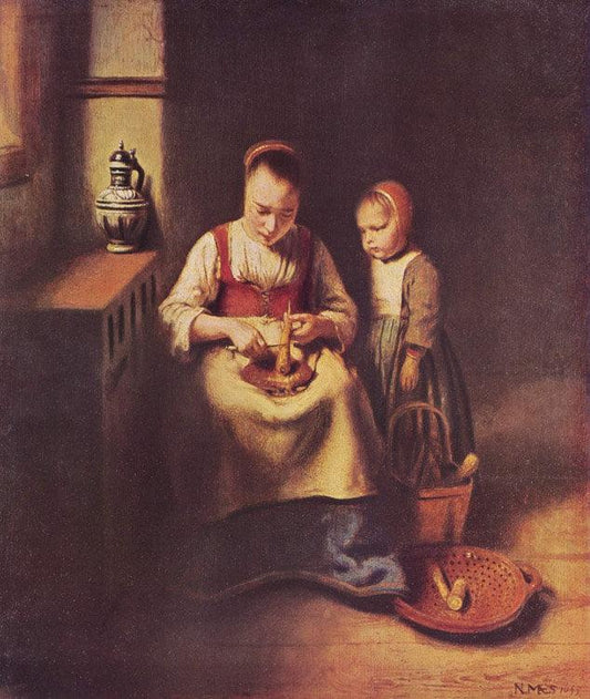 A Woman Scraping Parsnips,with a Child,Nicolas Maes,35.6x29.8cm