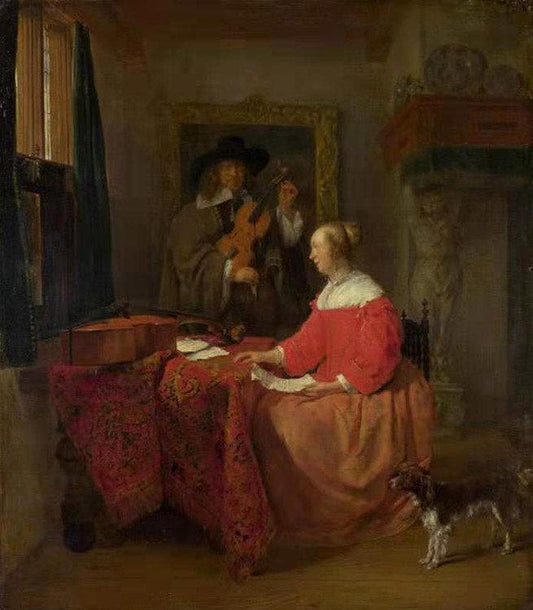 A Woman Seated at a Table and a Man,Gabriel Metsu,43x37.5cm